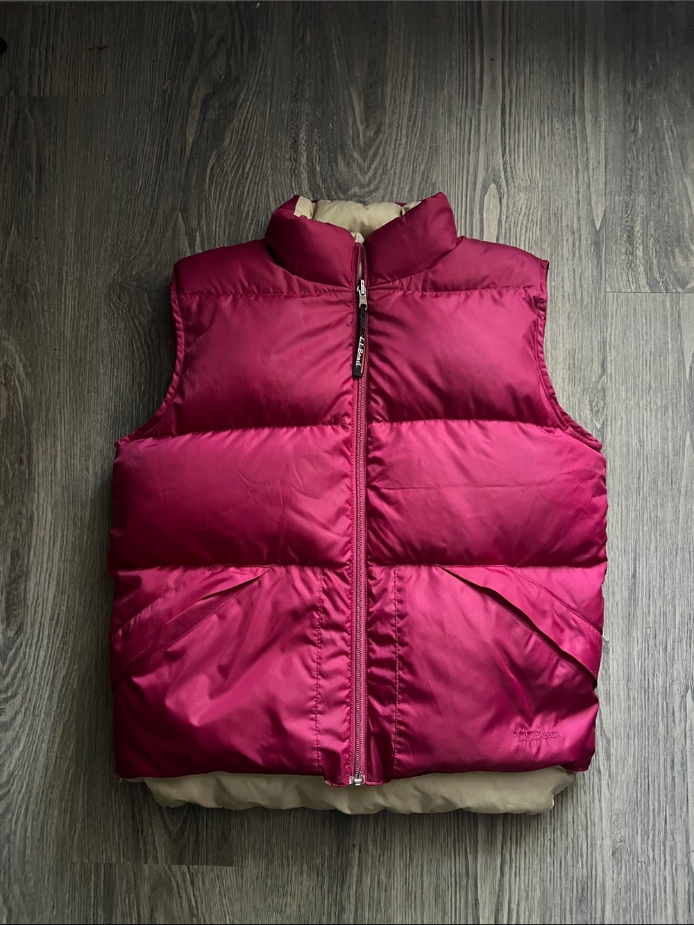 L.L. Bean Raspberry Pink Tan Quilted Goose Down Puffer Vest Size Small